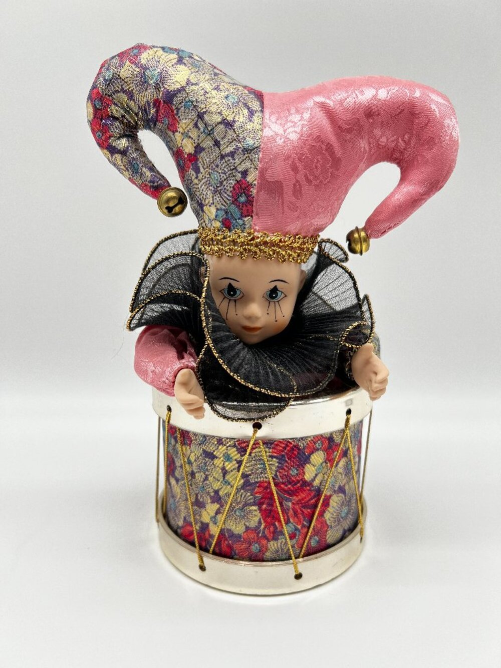 Vintage Porcelain Harlequin Jester Clown in a Drum Animated Music Box Toy Land